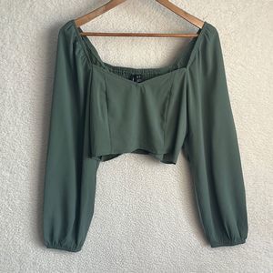 Vero Moda Shirt Womens XL Green Cropped Shirred Long Sleeve Blouse Top